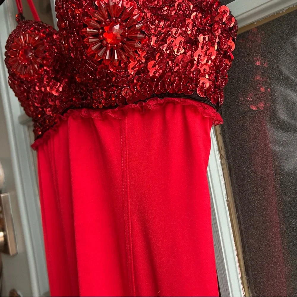 Vintage Beaded Bust Sequin Silky Satin Red Showgirl Lingerie Night Gown Shelly S - Picture 11 of 13